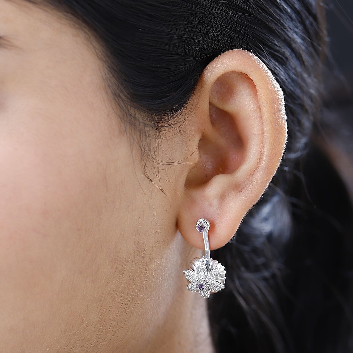 Rose De France Amethyst and White Zircon Floral Earrings in Platinum Over Sterling Silver 1.15 ctw