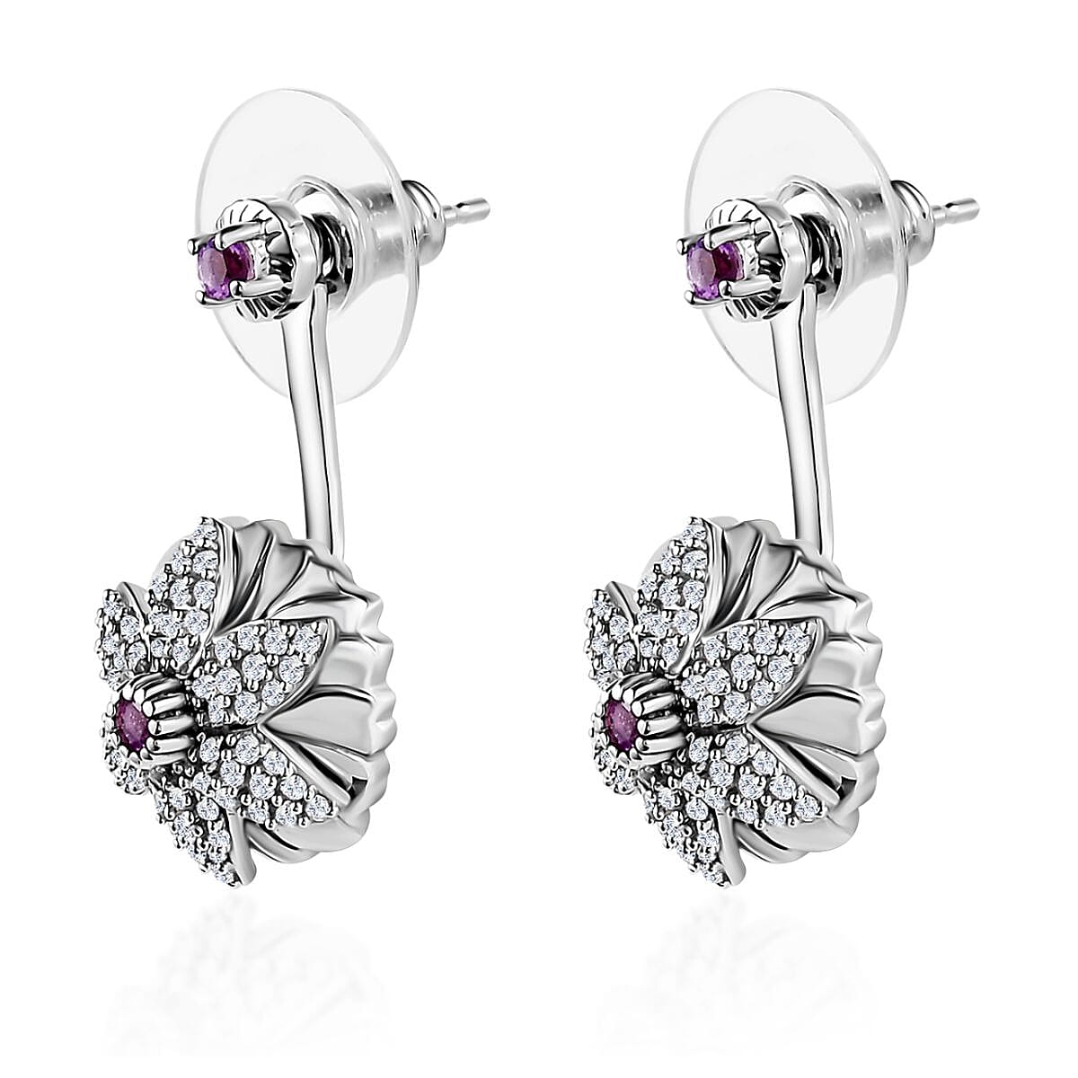 Rose De France Amethyst and White Zircon Floral Earrings in Platinum Over Sterling Silver 1.15 ctw