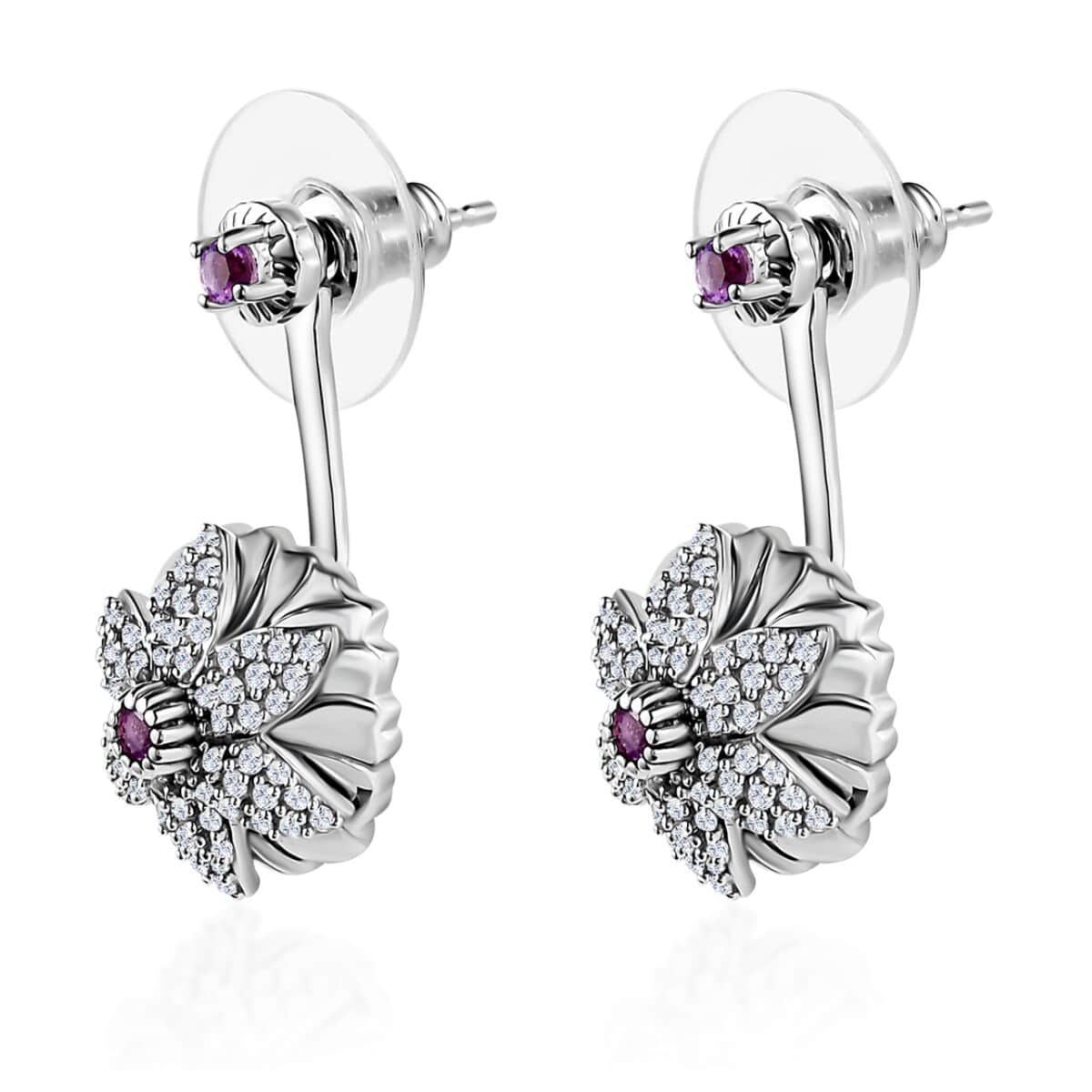 Rose De France Amethyst and White Zircon Floral Earrings in Platinum Over Sterling Silver 1.15 ctw image number 3