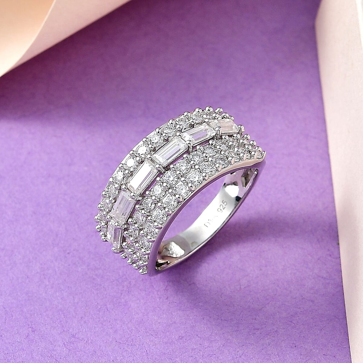 Moissanite Multi Row Layered Band Ring in Platinum Over Sterling Silver (Size 7.0) 1.50 ctw image number 1