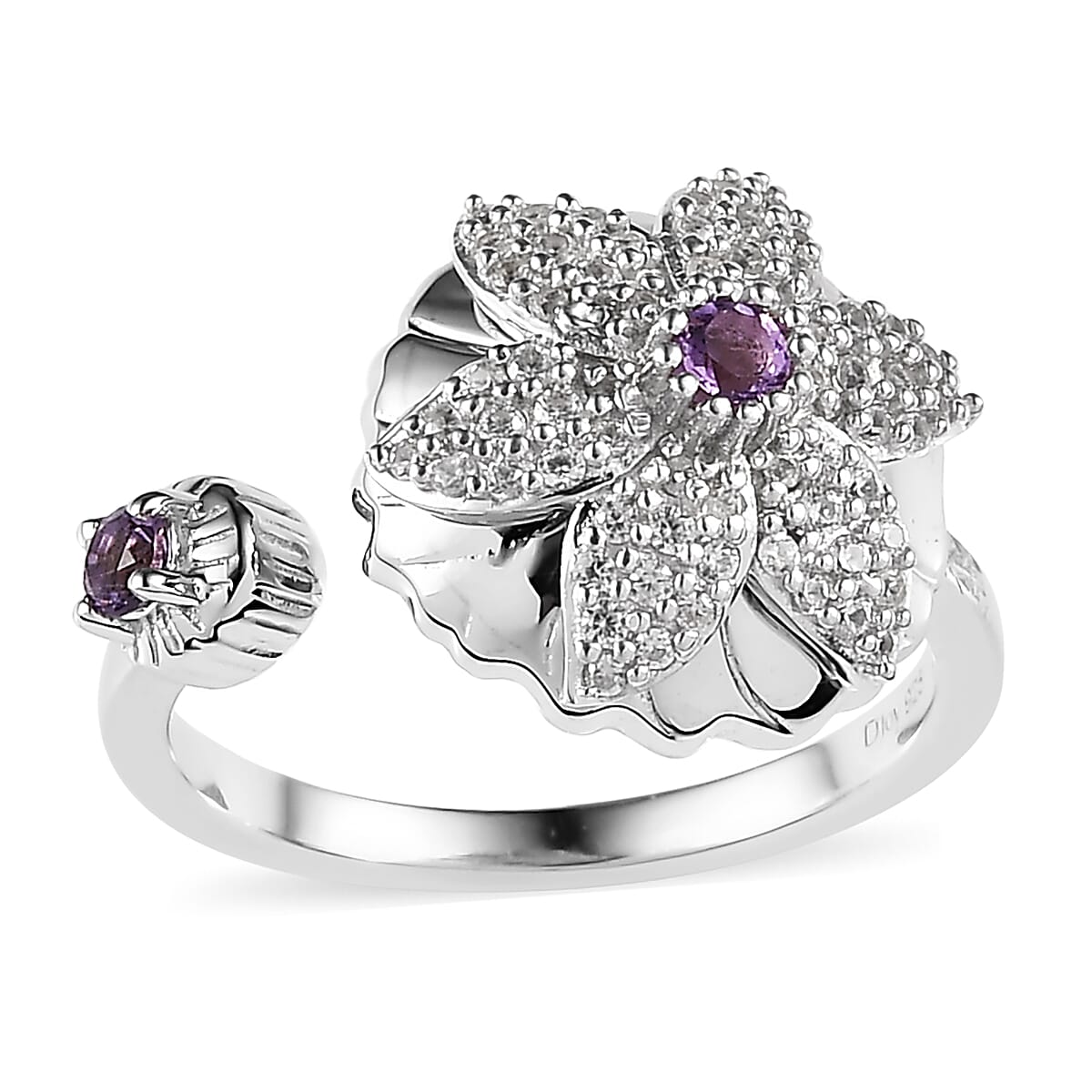 Rose De France Amethyst and White Zircon Floral Open Band Ring in Platinum Over Sterling Silver 0.60 ctw image number 0