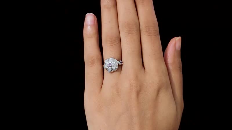 Rose De France Amethyst and White Zircon Floral Open Band Ring in Platinum Over Sterling Silver 0.60 ctw
