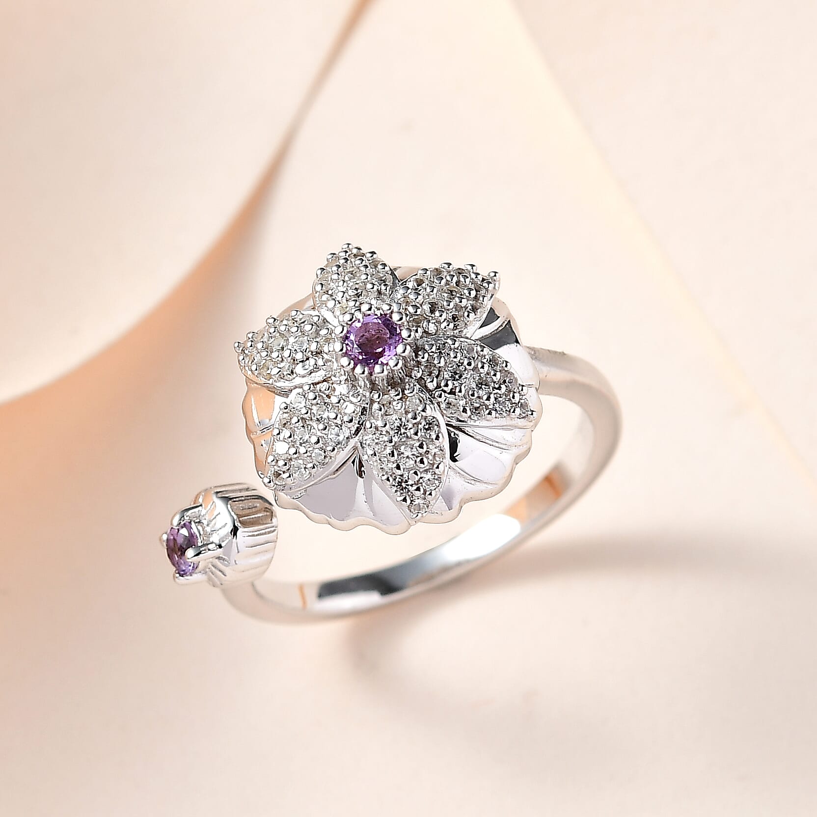 Rose De France Amethyst and White Zircon Floral Open Band Ring in Platinum Over Sterling Silver (Size 6.0) 0.60 ctw