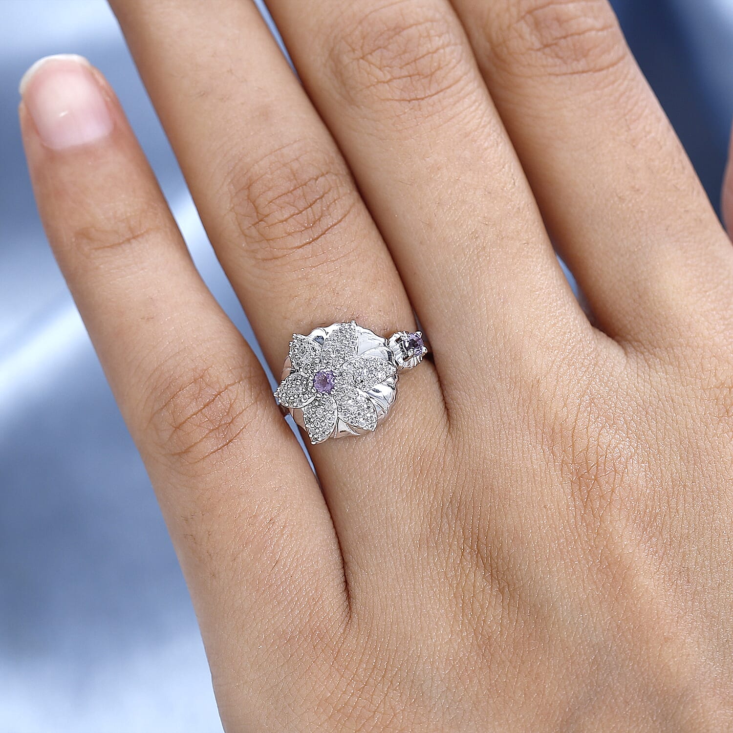 Rose De France Amethyst and White Zircon Floral Open Band Ring in Platinum Over Sterling Silver (Size 6.0) 0.60 ctw