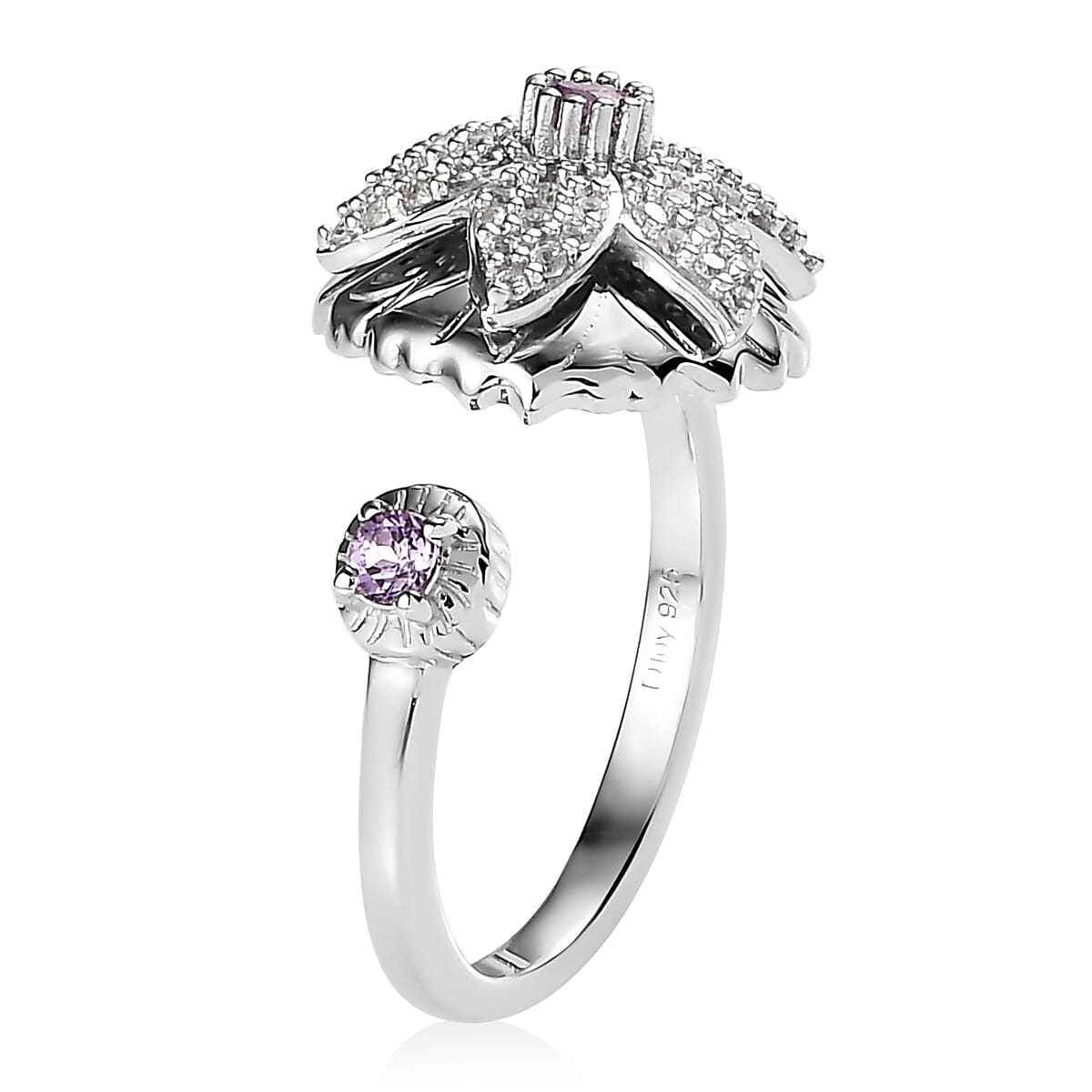 Rose De France Amethyst and White Zircon Floral Open Band Ring in Platinum Over Sterling Silver (Size 6.0) 0.60 ctw