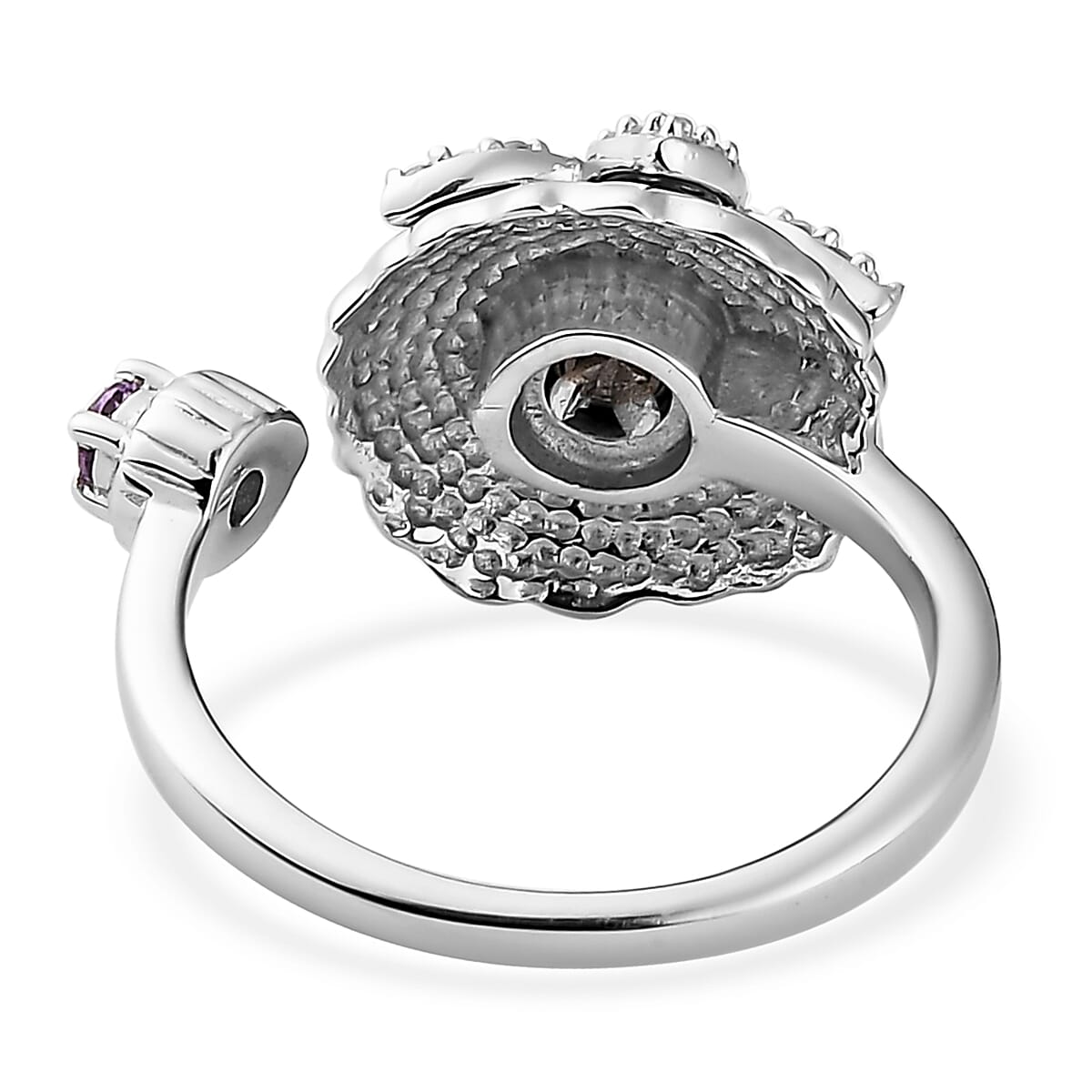 Rose De France Amethyst and White Zircon Floral Open Band Ring in Platinum Over Sterling Silver (Size 6.0) 0.60 ctw