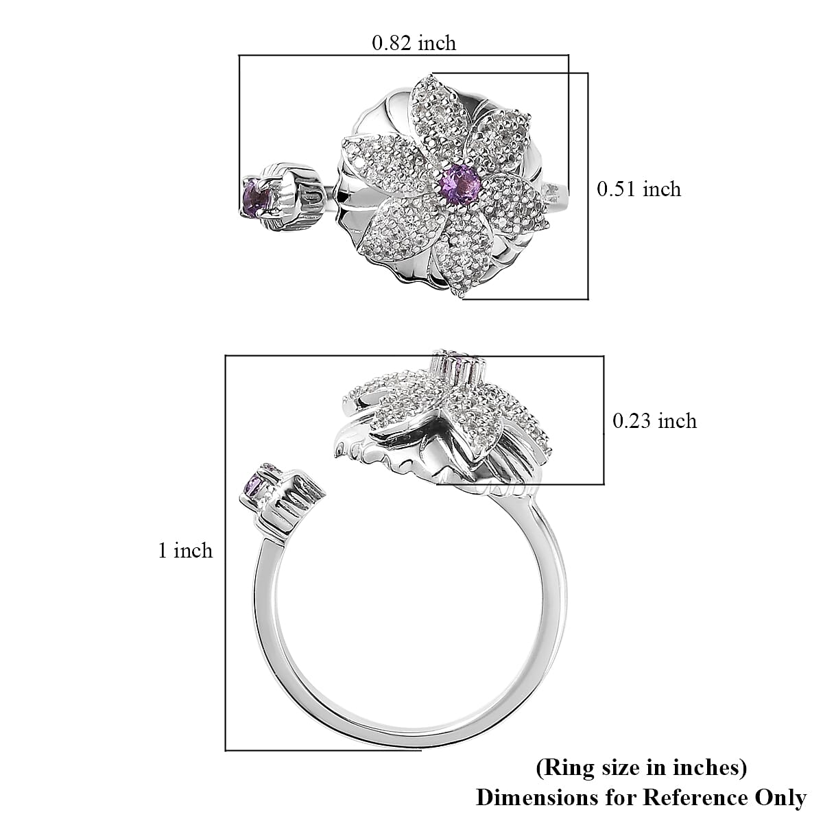 Rose De France Amethyst and White Zircon Floral Open Band Ring in Platinum Over Sterling Silver (Size 6.0) 0.60 ctw