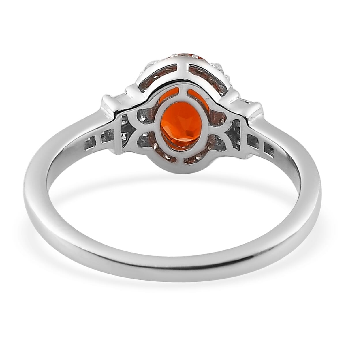 Mexican Fire Opal and Diamond Halo Ring in Platinum Over Sterling Silver 0.75 ctw image number 4