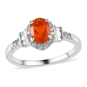 Mexican Fire Opal and Diamond Halo Ring in Platinum Over Sterling Silver (Size 5.0) 0.75 ctw