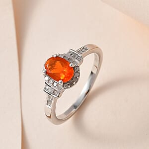 Mexican Fire Opal and Diamond Halo Ring in Platinum Over Sterling Silver (Size 5.0) 0.75 ctw