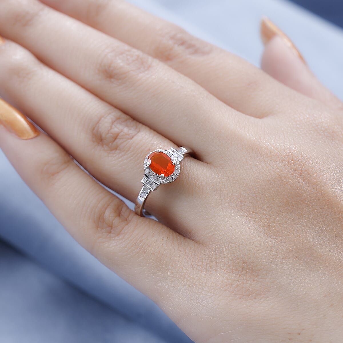 Mexican Fire Opal and Diamond Halo Ring in Platinum Over Sterling Silver (Size 5.0) 0.75 ctw image number 2