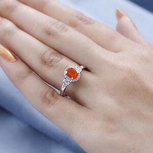 Mexican Fire Opal and Diamond Halo Ring in Platinum Over Sterling Silver (Size 5.0) 0.75 ctw