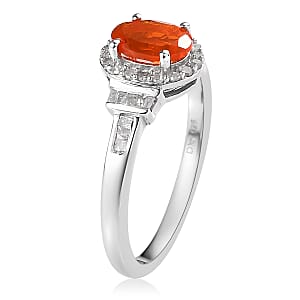 Mexican Fire Opal and Diamond Halo Ring in Platinum Over Sterling Silver (Size 5.0) 0.75 ctw
