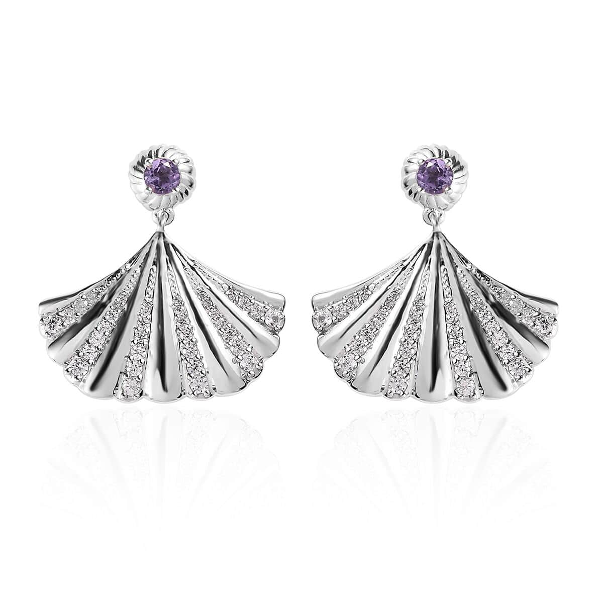 Rose De France Amethyst and White Zircon Seashell Statement Earrings in Platinum Over Sterling Silver 1.35 ctw image number 0