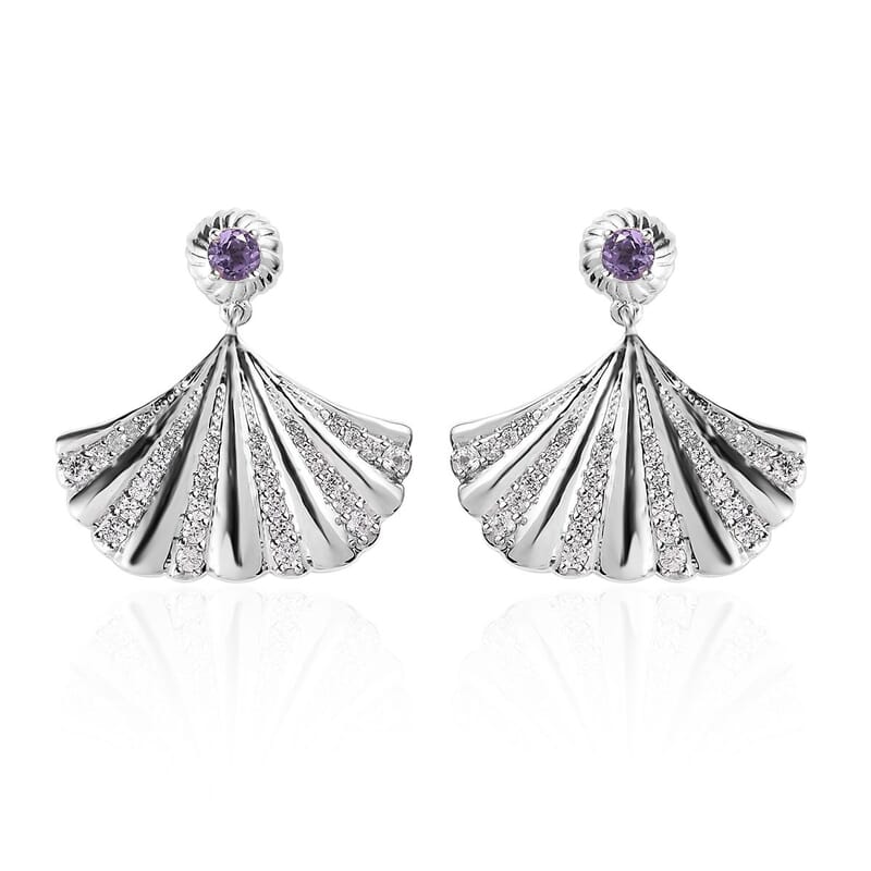 Rose De France Amethyst and White Zircon Seashell Statement Earrings in Platinum Over Sterling Silver 1.35 ctw