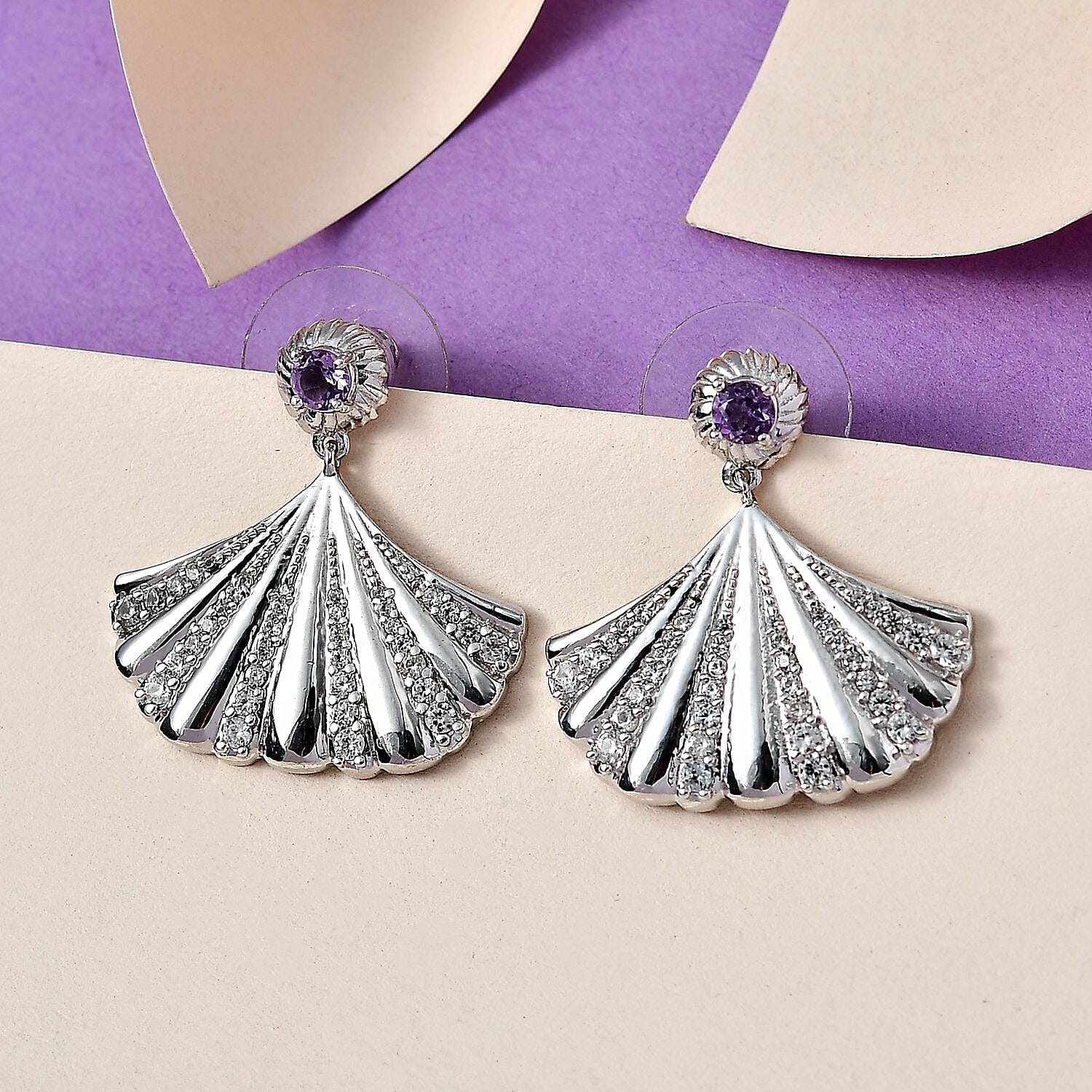 Rose De France Amethyst and White Zircon Seashell Statement Earrings in Platinum Over Sterling Silver 1.35 ctw