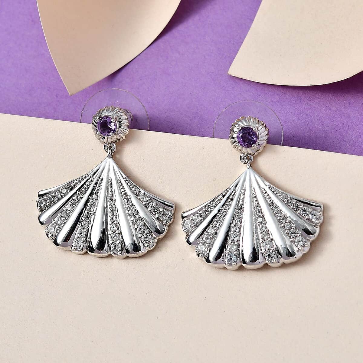 Rose De France Amethyst and White Zircon Seashell Statement Earrings in Platinum Over Sterling Silver 1.35 ctw image number 1