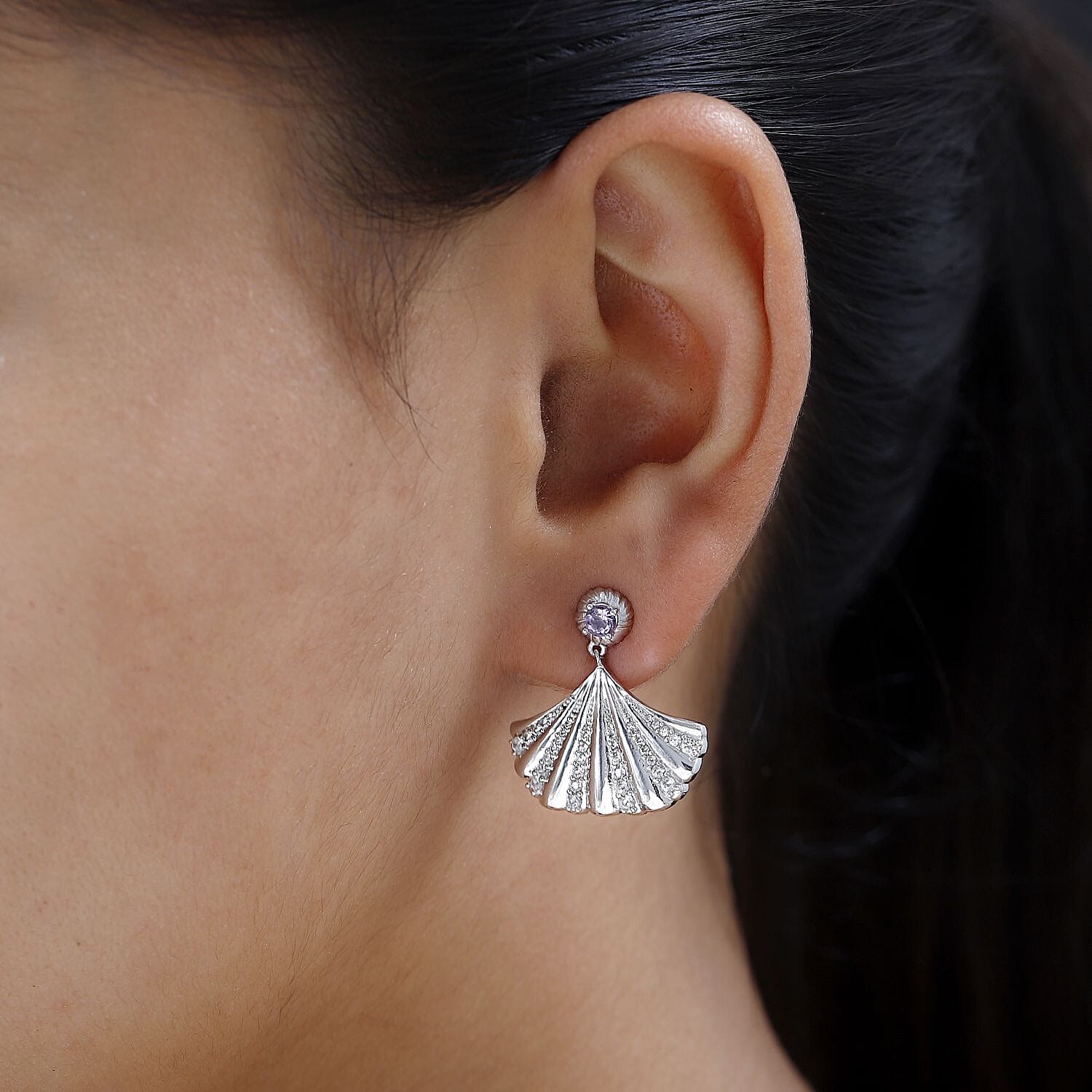 Rose De France Amethyst and White Zircon Seashell Statement Earrings in Platinum Over Sterling Silver 1.35 ctw