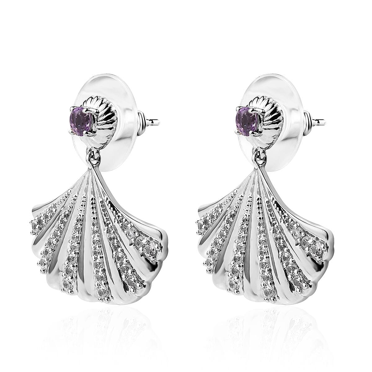 Rose De France Amethyst and White Zircon Seashell Statement Earrings in Platinum Over Sterling Silver 1.35 ctw