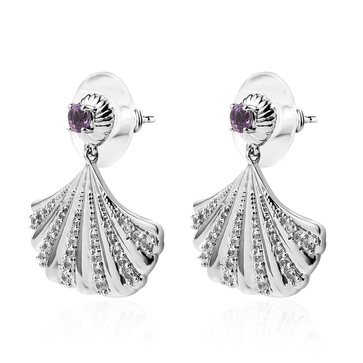 Rose De France Amethyst and White Zircon Seashell Statement Earrings in Platinum Over Sterling Silver 1.35 ctw image number 3