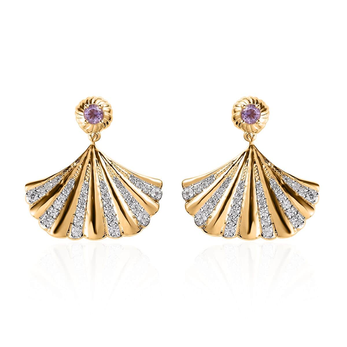 Rose De France Amethyst and White Zircon Seashell Statement Earrings in Vermeil Yellow Gold Over Sterling Silver 1.35 ctw image number 0