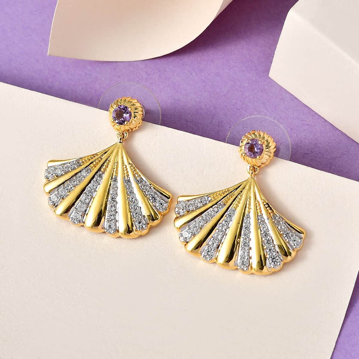 Rose De France Amethyst and White Zircon Seashell Statement Earrings in Vermeil Yellow Gold Over Sterling Silver 1.35 ctw image number 1