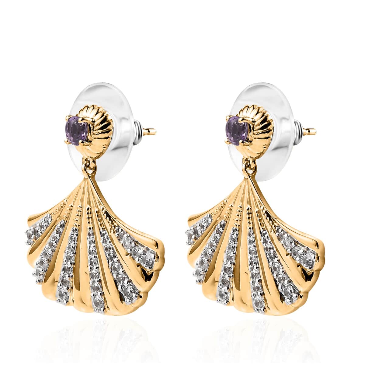 Rose De France Amethyst and White Zircon Seashell Statement Earrings in Vermeil Yellow Gold Over Sterling Silver 1.35 ctw image number 3