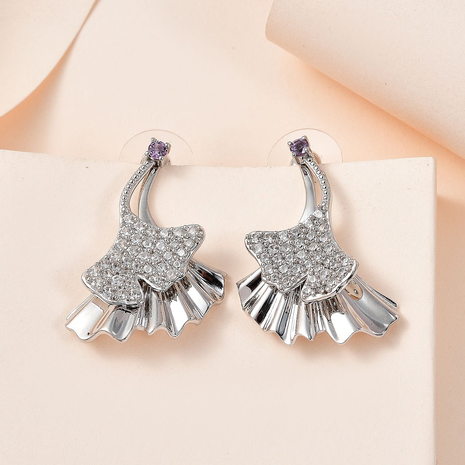 Rose De France Amethyst and White Zircon Floral Earrings in Platinum Over Sterling Silver 3.20 ctw