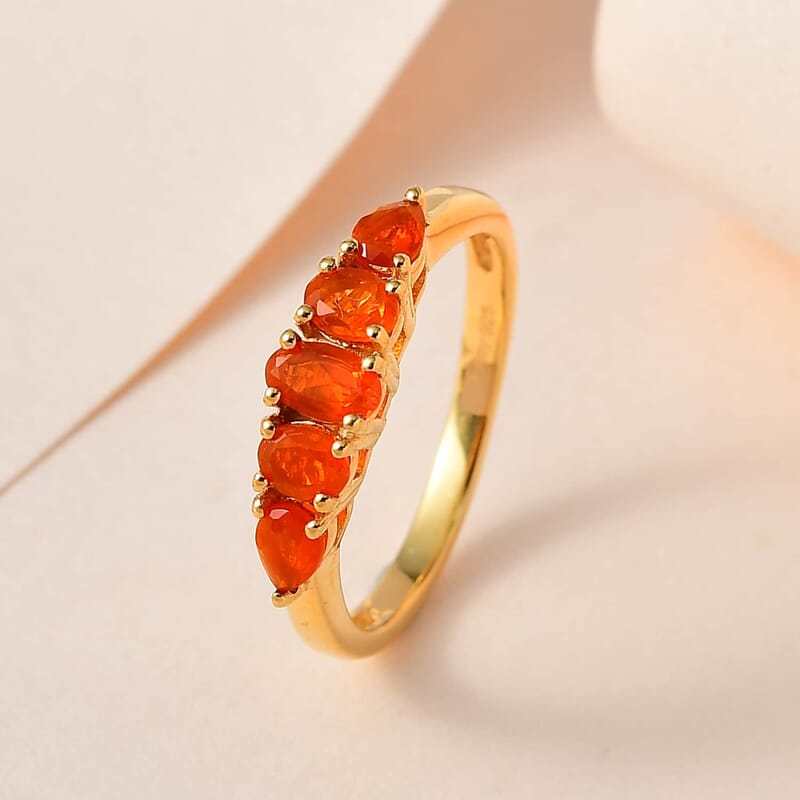 Mexican Fire Opal 5 Stone Ring, Vermeil Yellow Gold Over Sterling Silver Ring, Fire Opal Ring 0.65 ctw