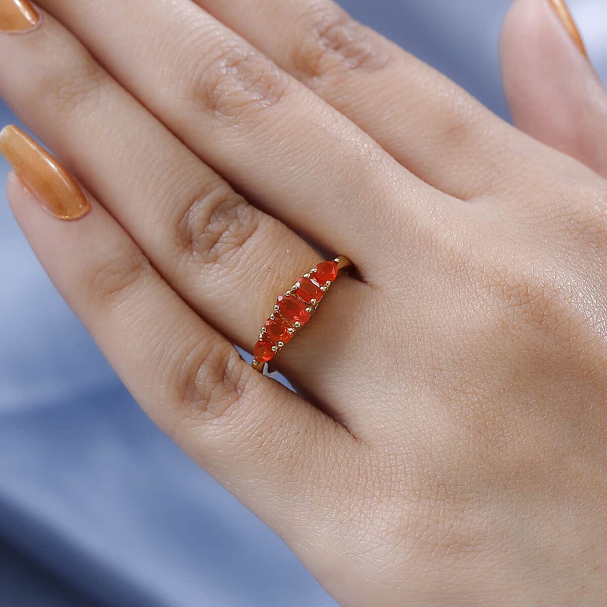 Mexican Fire Opal 5 Stone Ring, Vermeil Yellow Gold Over Sterling Silver Ring, Fire Opal Ring 0.65 ctw image number 2
