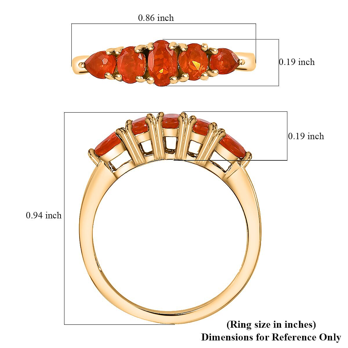 Mexican Fire Opal 5 Stone Ring, Vermeil Yellow Gold Over Sterling Silver Ring, Fire Opal Ring 0.65 ctw image number 5