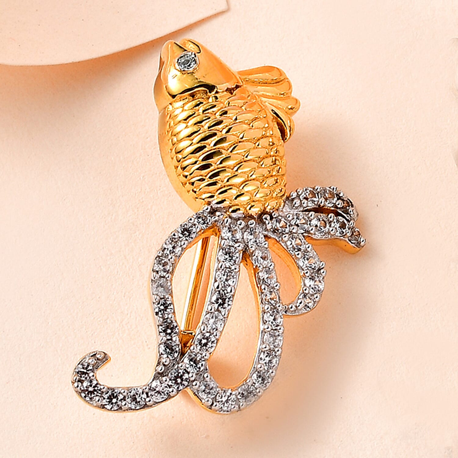 White Zircon and Blue Topaz Lucky Koi Fish Brooch in Vermeil Yellow Gold Over Sterling Silver 0.80 ctw