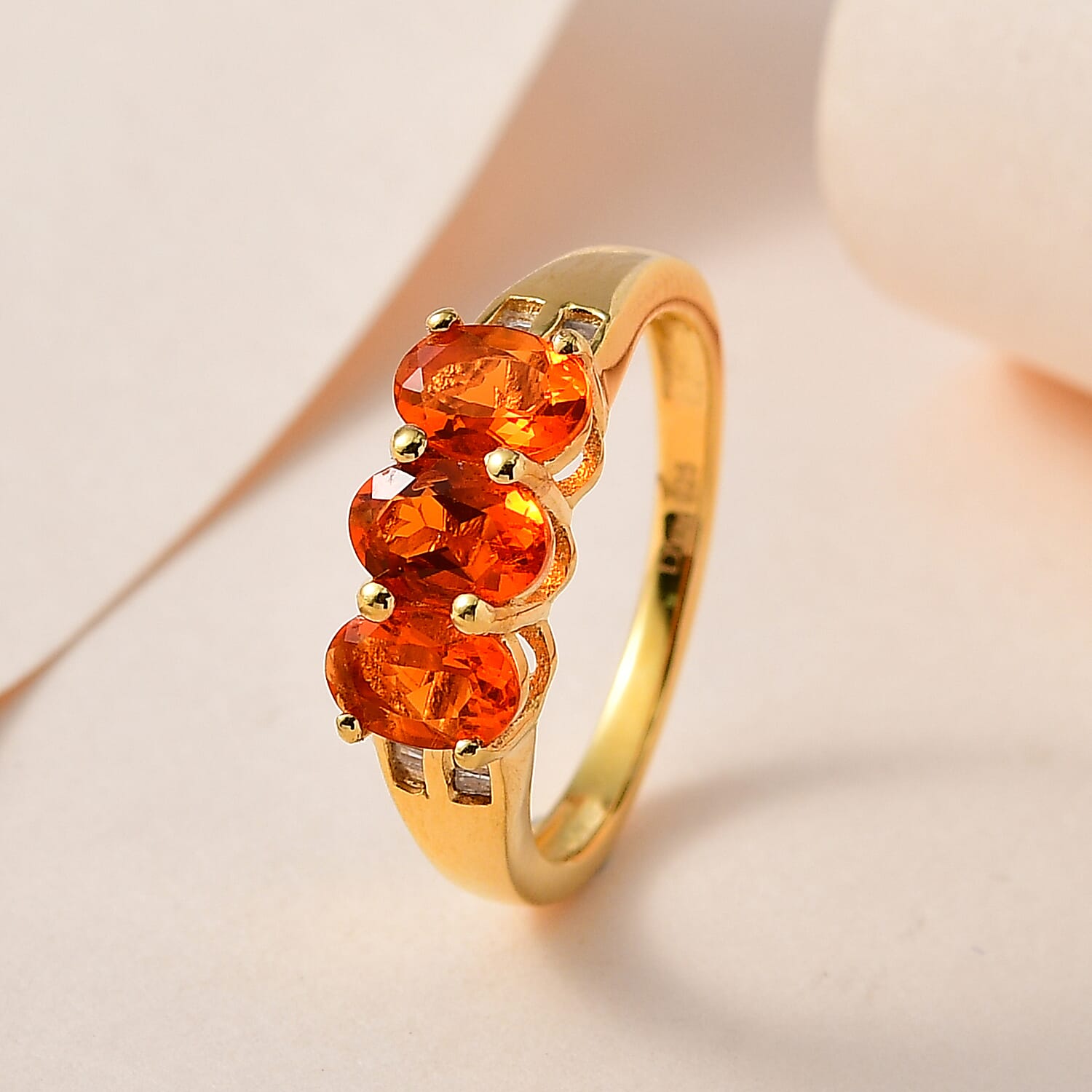 Mexican Fire Opal and Diamond 3 Stone Ring in Vermeil Yellow Gold Over Sterling Silver (Size 10.0) 1.00 ctw