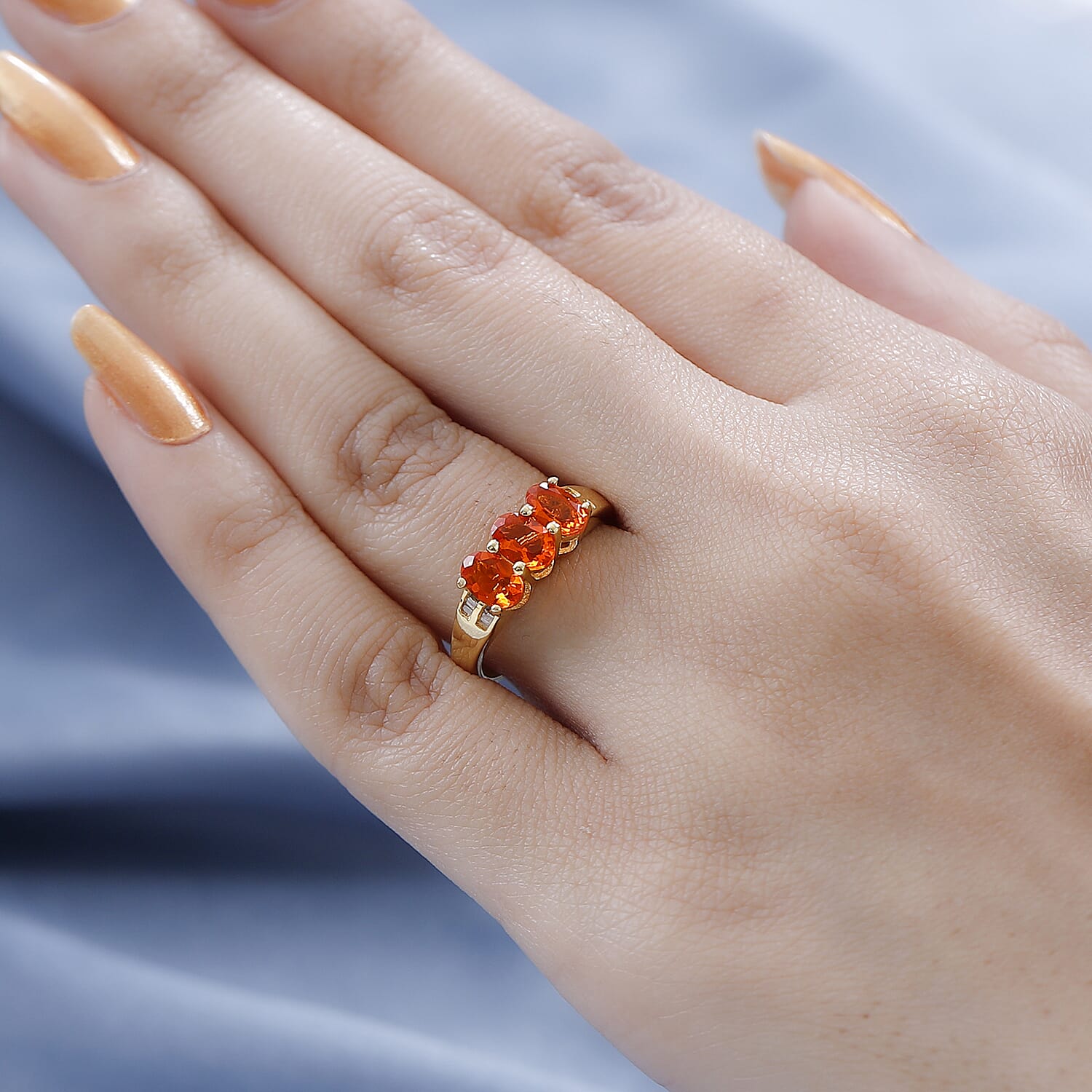 Mexican Fire Opal and Diamond 3 Stone Ring in Vermeil Yellow Gold Over Sterling Silver (Size 10.0) 1.00 ctw