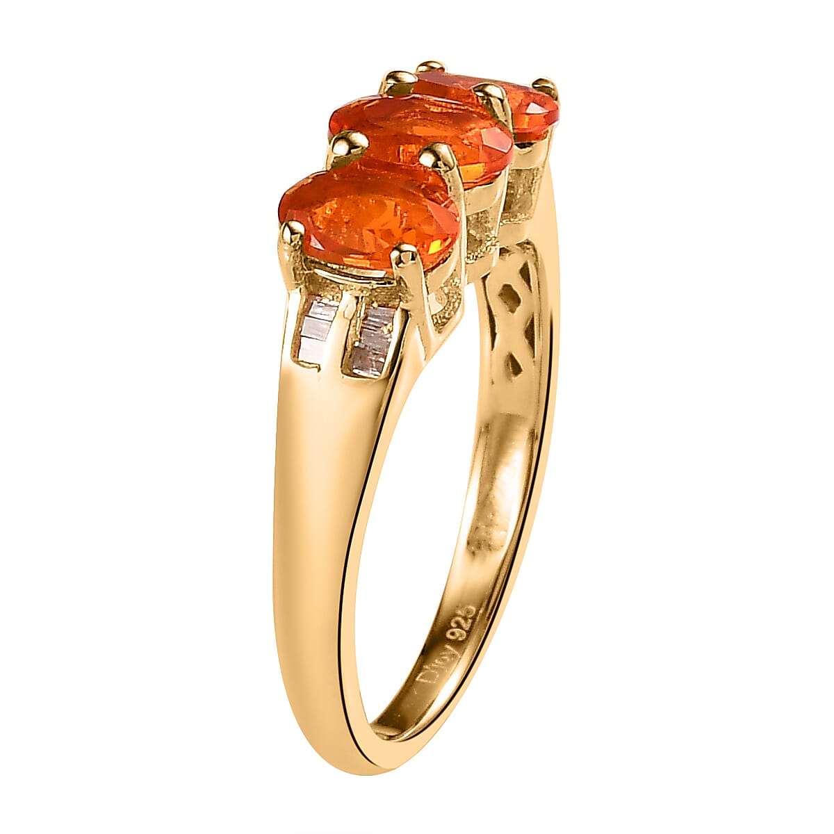 Mexican Fire Opal and Diamond 3 Stone Ring in Vermeil Yellow Gold Over Sterling Silver (Size 10.0) 1.00 ctw