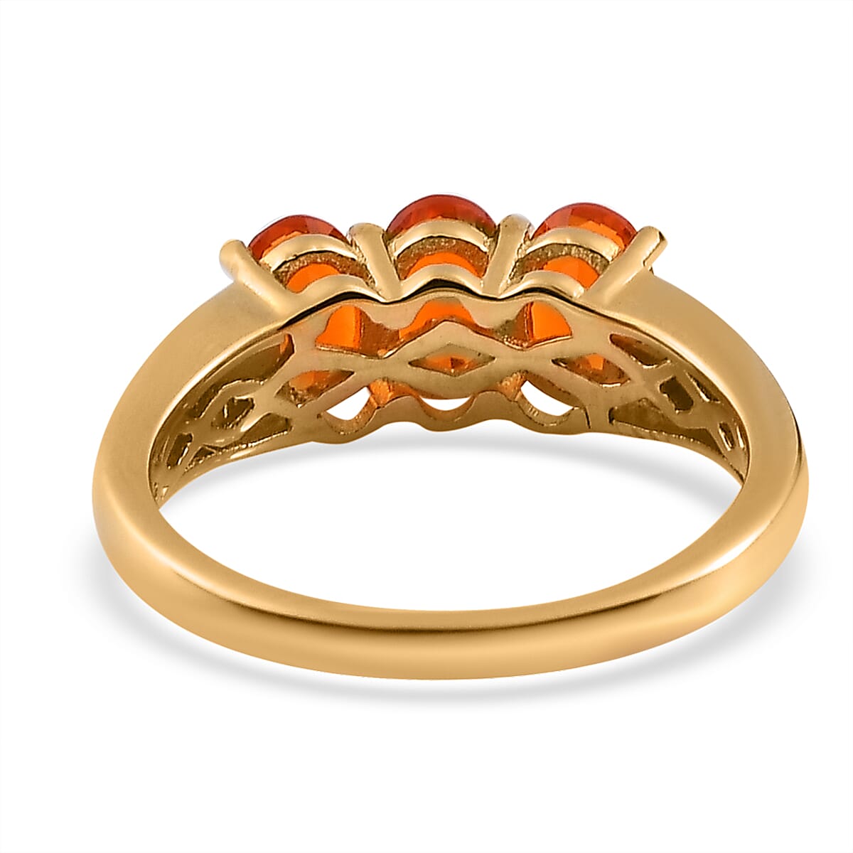Mexican Fire Opal and Diamond 3 Stone Ring in Vermeil Yellow Gold Over Sterling Silver (Size 10.0) 1.00 ctw