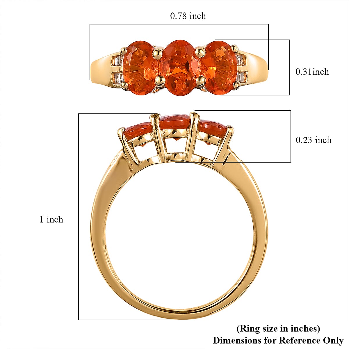 Mexican Fire Opal and Diamond 3 Stone Ring in Vermeil Yellow Gold Over Sterling Silver (Size 10.0) 1.00 ctw