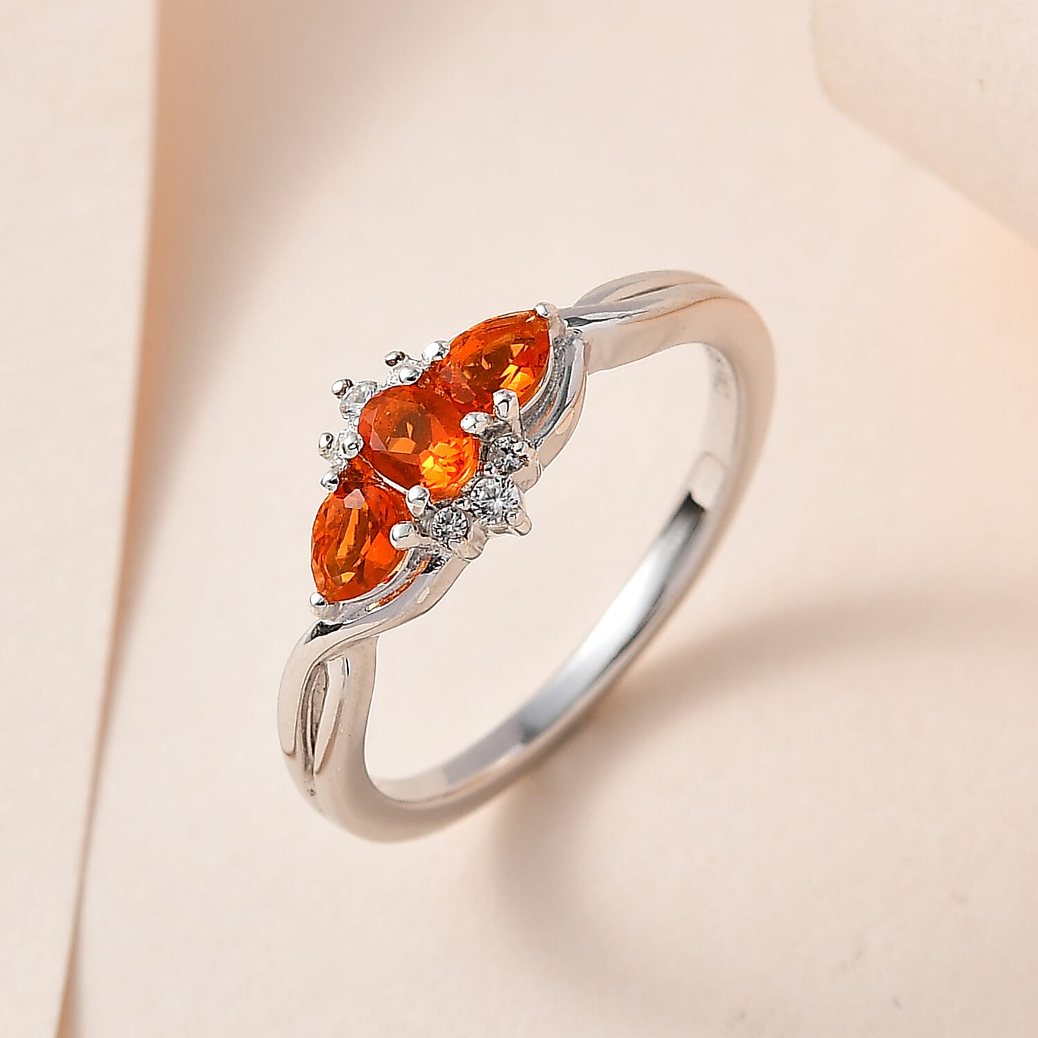 Mexican Fire Opal and White Zircon Ring in Platinum Over Sterling Silver (Size 10.0) 0.40 ctw