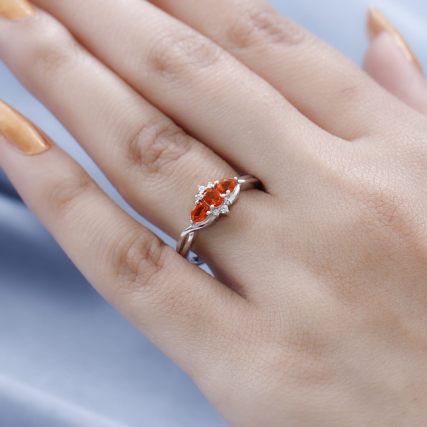 Mexican Fire Opal and White Zircon Ring in Platinum Over Sterling Silver (Size 10.0) 0.40 ctw