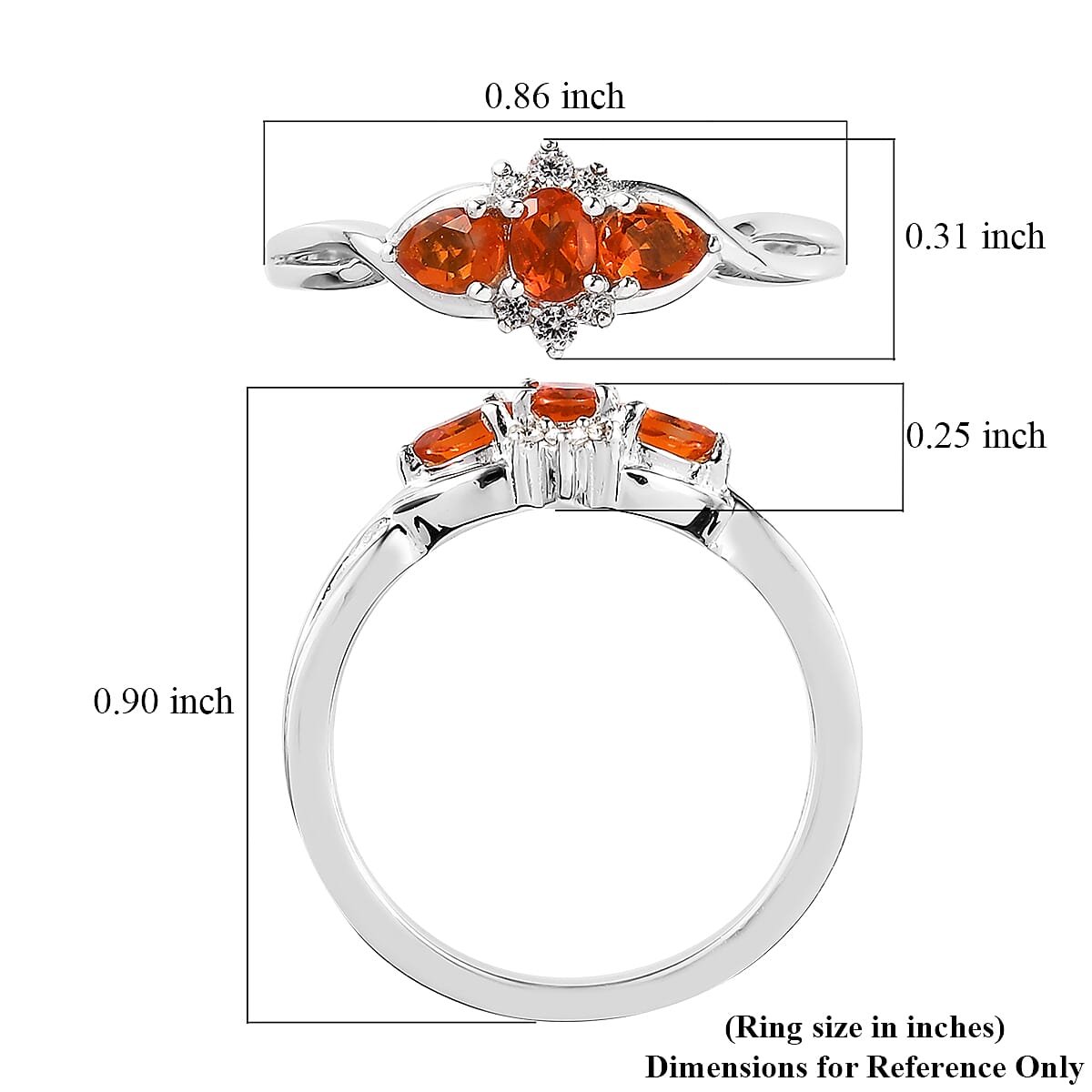 Mexican Fire Opal and White Zircon Ring in Platinum Over Sterling Silver (Size 10.0) 0.40 ctw