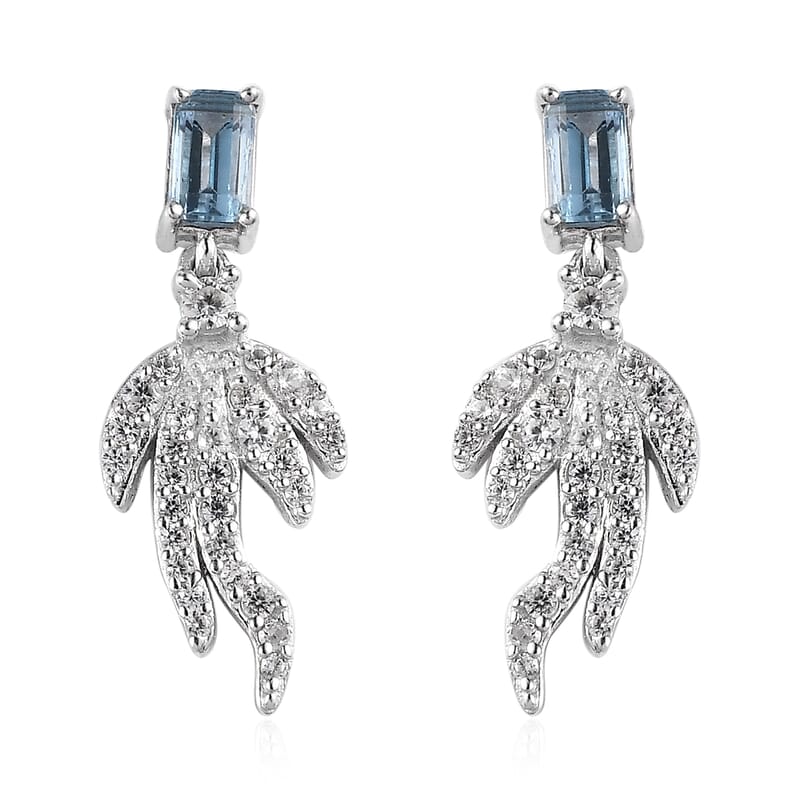 Blue Topaz and White Zircon Fish Tail Earrings in Platinum Over Sterling Silver 1.35 ctw