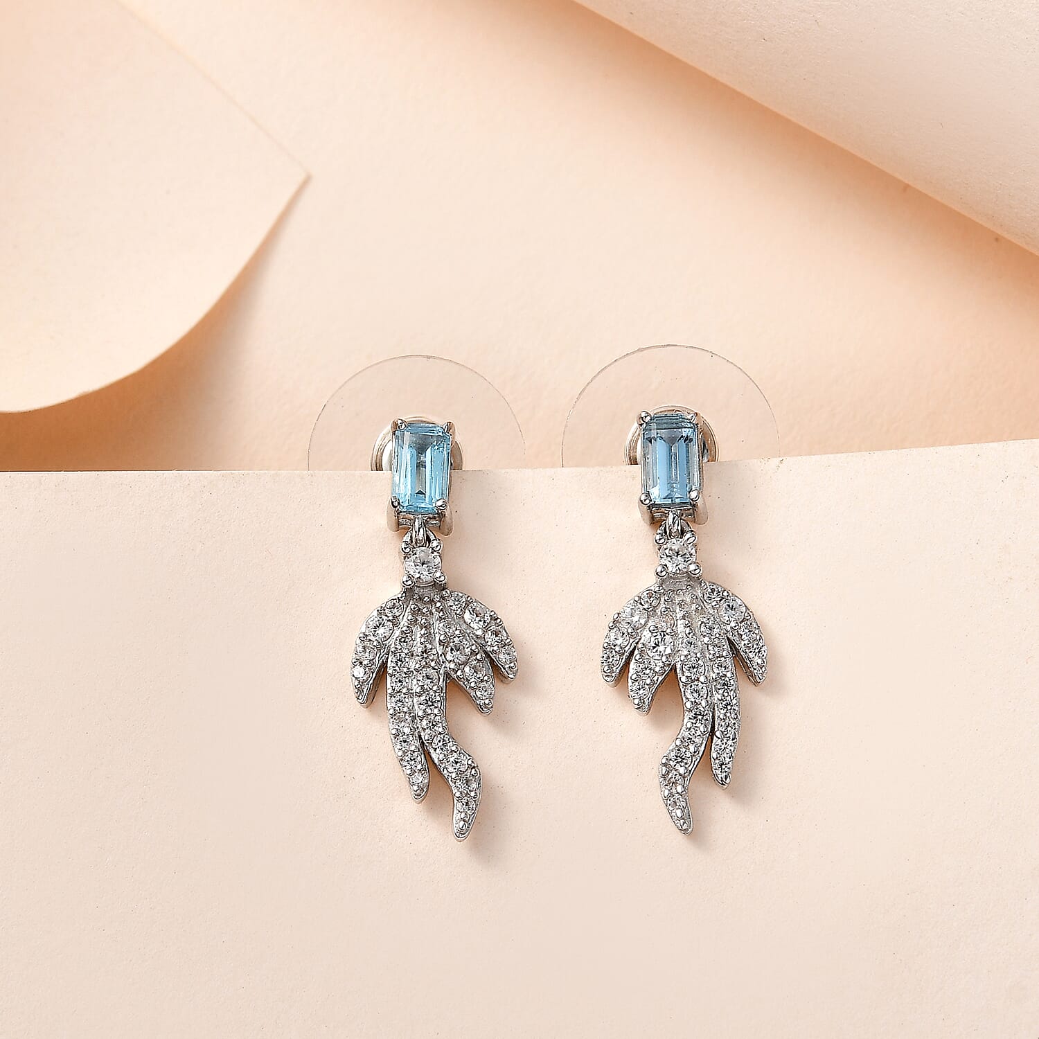 Blue Topaz and White Zircon Fish Tail Earrings in Platinum Over Sterling Silver 1.35 ctw