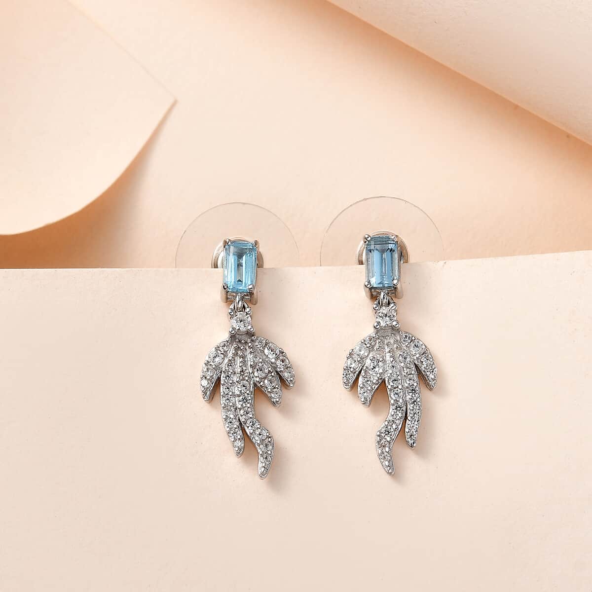 Blue Topaz and White Zircon Fish Tail Earrings in Platinum Over Sterling Silver 1.35 ctw image number 1