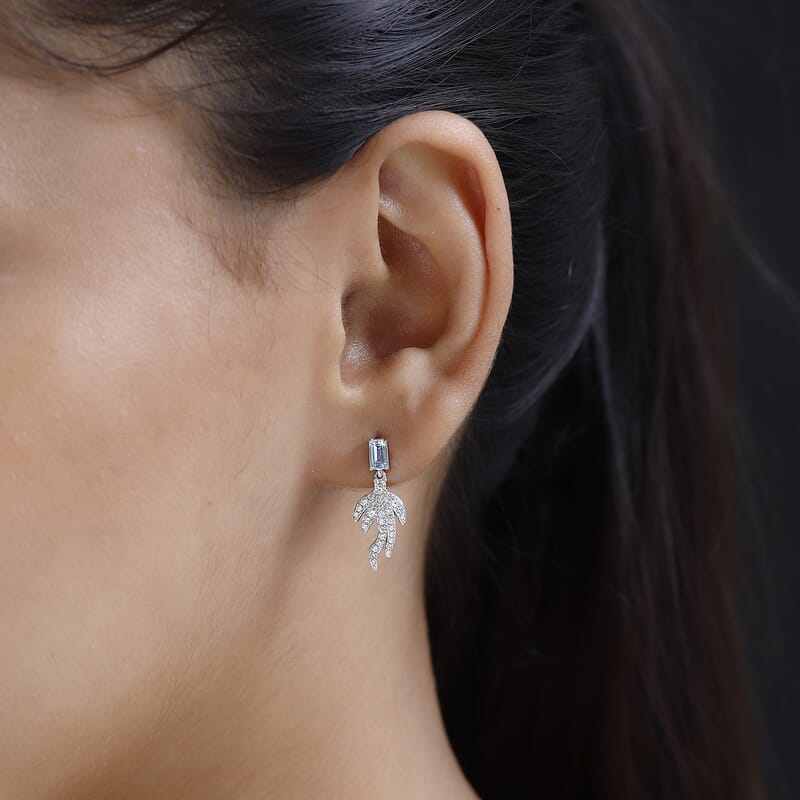 Blue Topaz and White Zircon Fish Tail Earrings in Platinum Over Sterling Silver 1.35 ctw