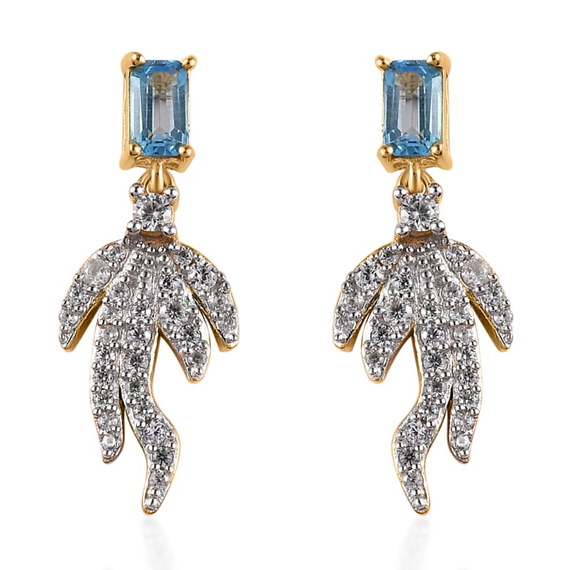 Blue Topaz and White Zircon Fish Tail Earrings in Vermeil Yellow Gold Over Sterling Silver 1.35 ctw