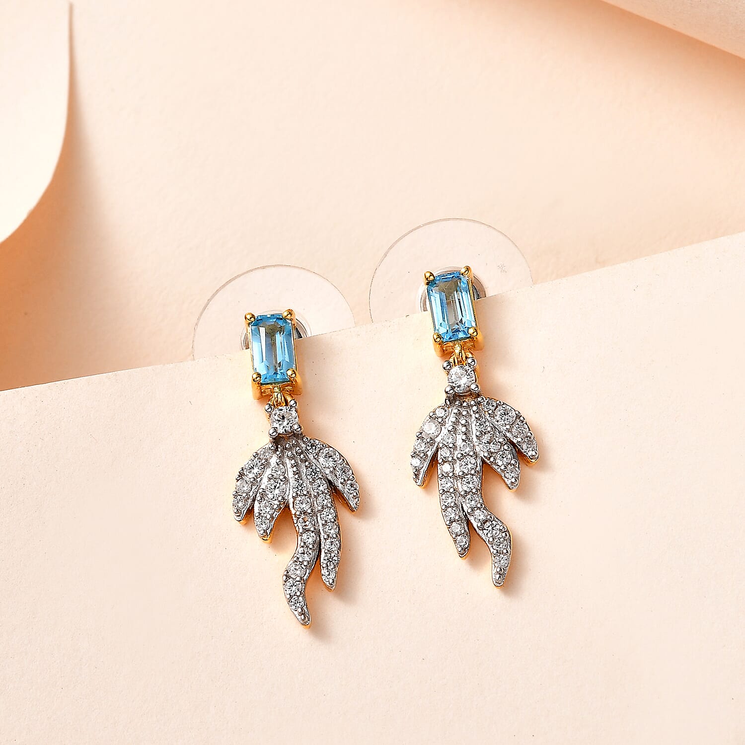 Blue Topaz and White Zircon Fish Tail Earrings in Vermeil Yellow Gold Over Sterling Silver 1.35 ctw