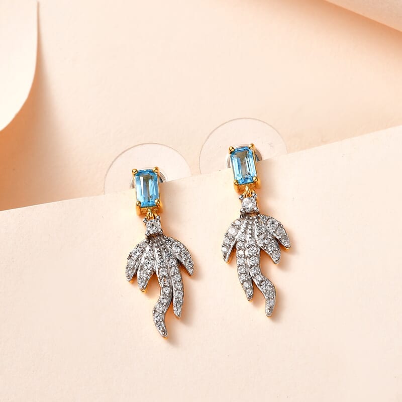 Blue Topaz and White Zircon Fish Tail Earrings in Vermeil Yellow Gold Over Sterling Silver 1.35 ctw