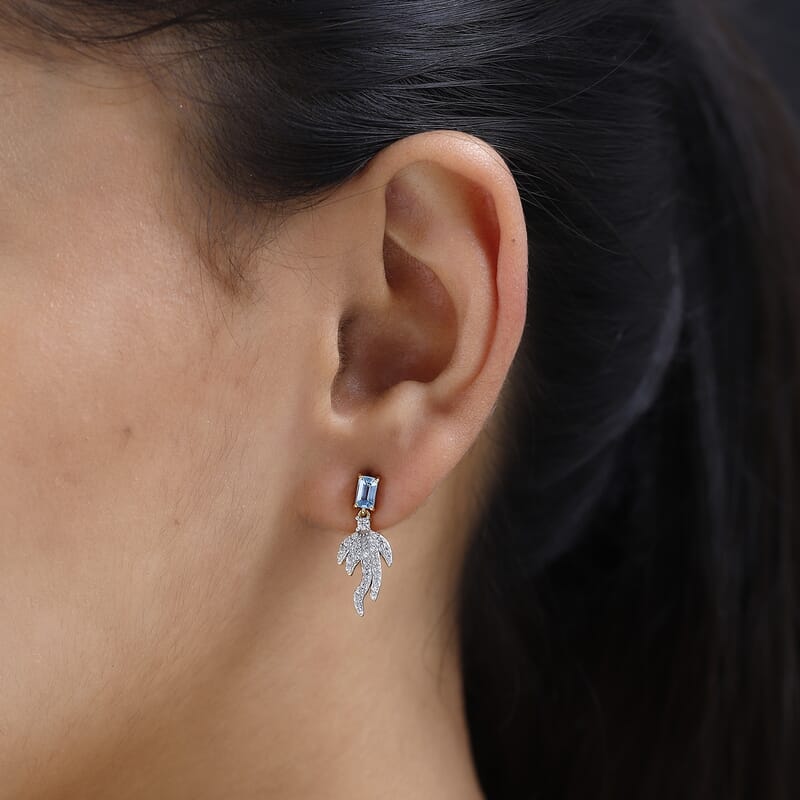 Blue Topaz and White Zircon Fish Tail Earrings in Vermeil Yellow Gold Over Sterling Silver 1.35 ctw