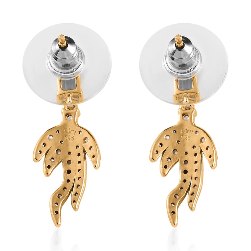 Blue Topaz and White Zircon Fish Tail Earrings in Vermeil Yellow Gold Over Sterling Silver 1.35 ctw