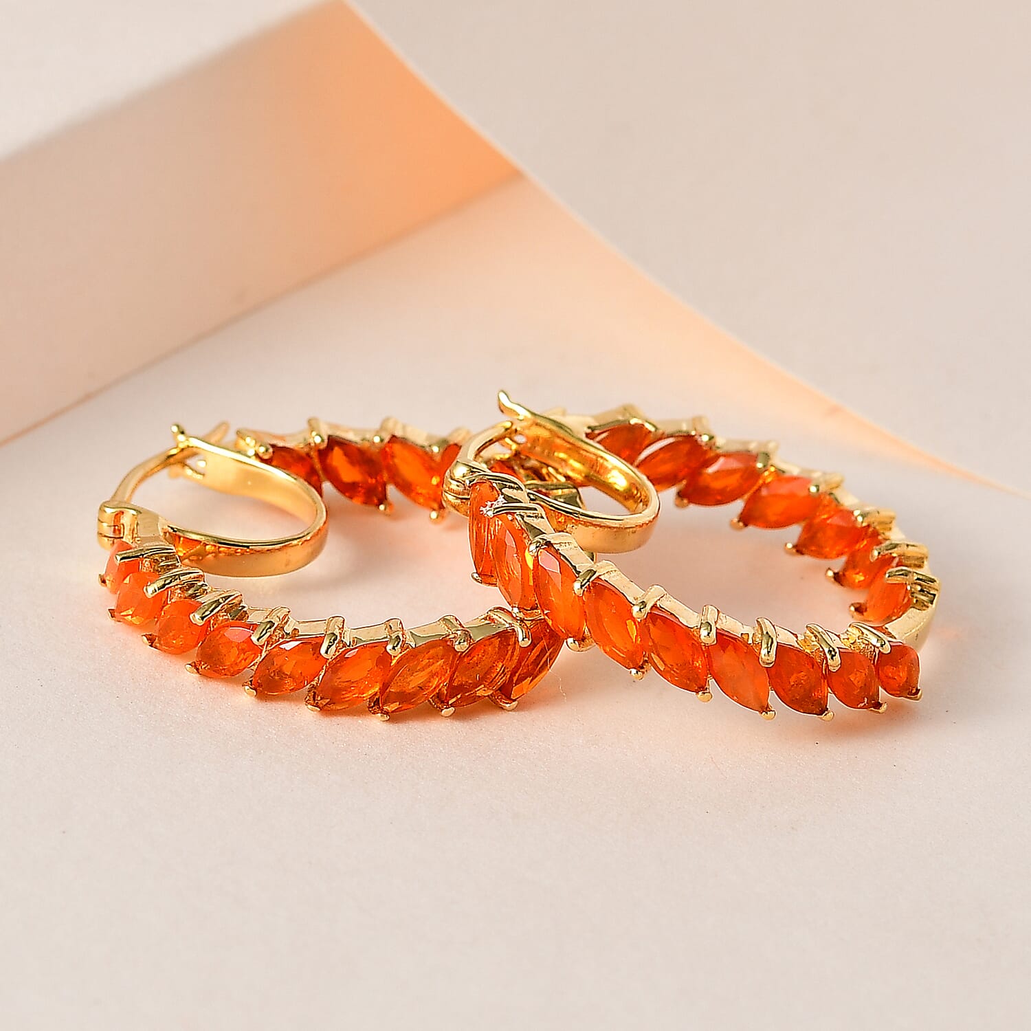 Mexican Fire Opal Hoop Earrings in Vermeil Yellow Gold Over Sterling Silver 3.20 ctw